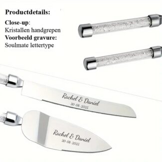 Links: detail kristallen handgreep met schitterende steentjes. Rechts: voorbeeld gravure in Soulmate lettertype