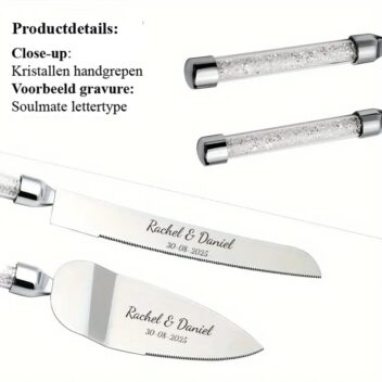 Links: detail kristallen handgreep met schitterende steentjes. Rechts: voorbeeld gravure in Soulmate lettertype