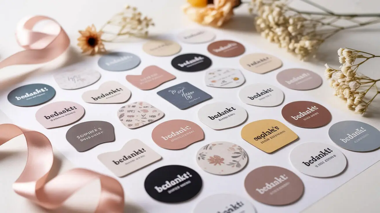 Assortiment gepersonaliseerde bedankt stickers in diverse vormen en kleuren voor bruiloft, babyshower en verjaardag