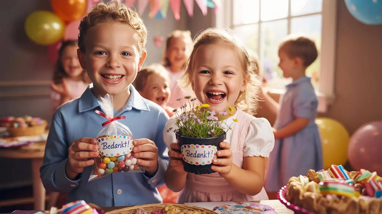 Kinderen genieten van gepersonaliseerde communie bedankjes, zoals snoepzakjes en bloemzaadjes, tijdens een feestelijke eerste communie.