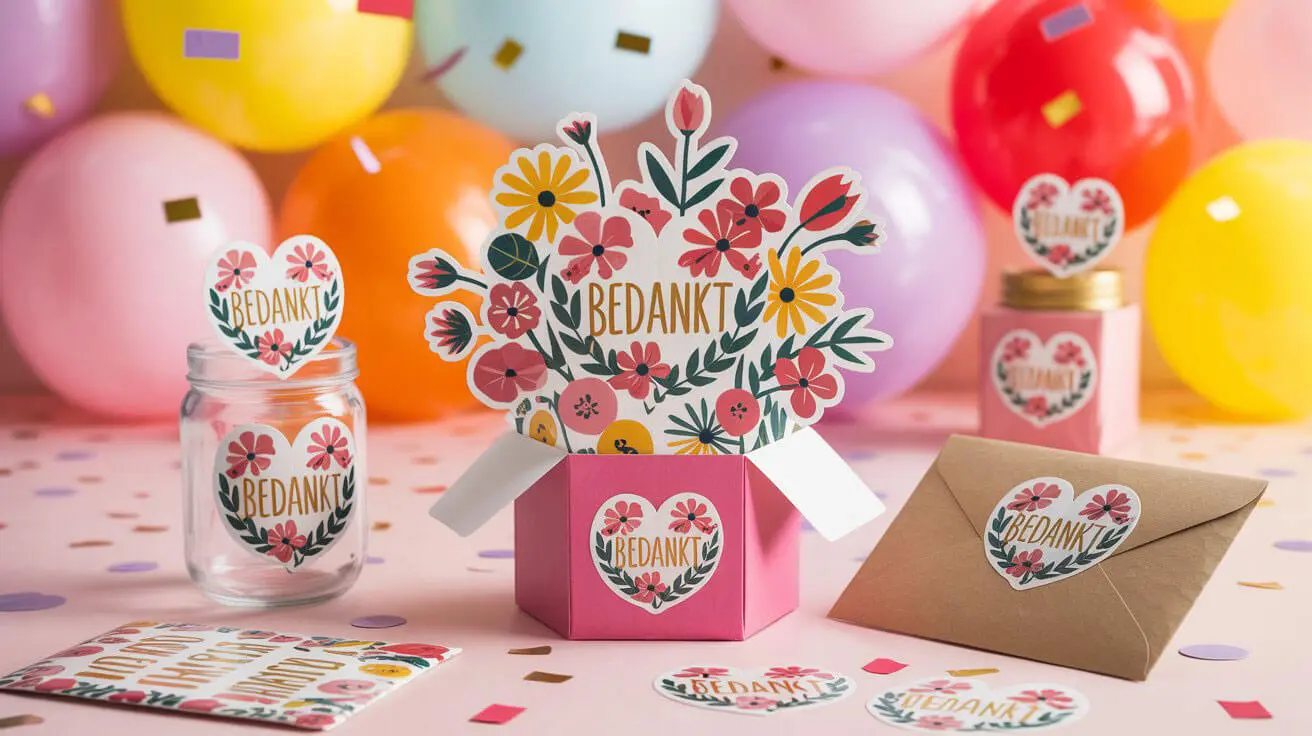 Bedankt stickers op snoepdoosjes, babyshower potjes en enveloppen, creatief gebruikt voor bruiloft en feestdecoratie