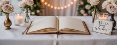 Elegante bruiloftstafel met een open boek en decor in pastelkleuren, uitnodigend om wensen te delen, met een zachte, feestelijke achtergrond.