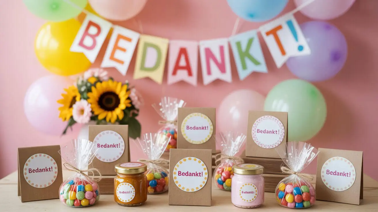 Feestelijke verjaardagstafel met bedankjes verjaardag zoals snoepzakjes en bedrukte stickers voor een onvergetelijk feestje.
