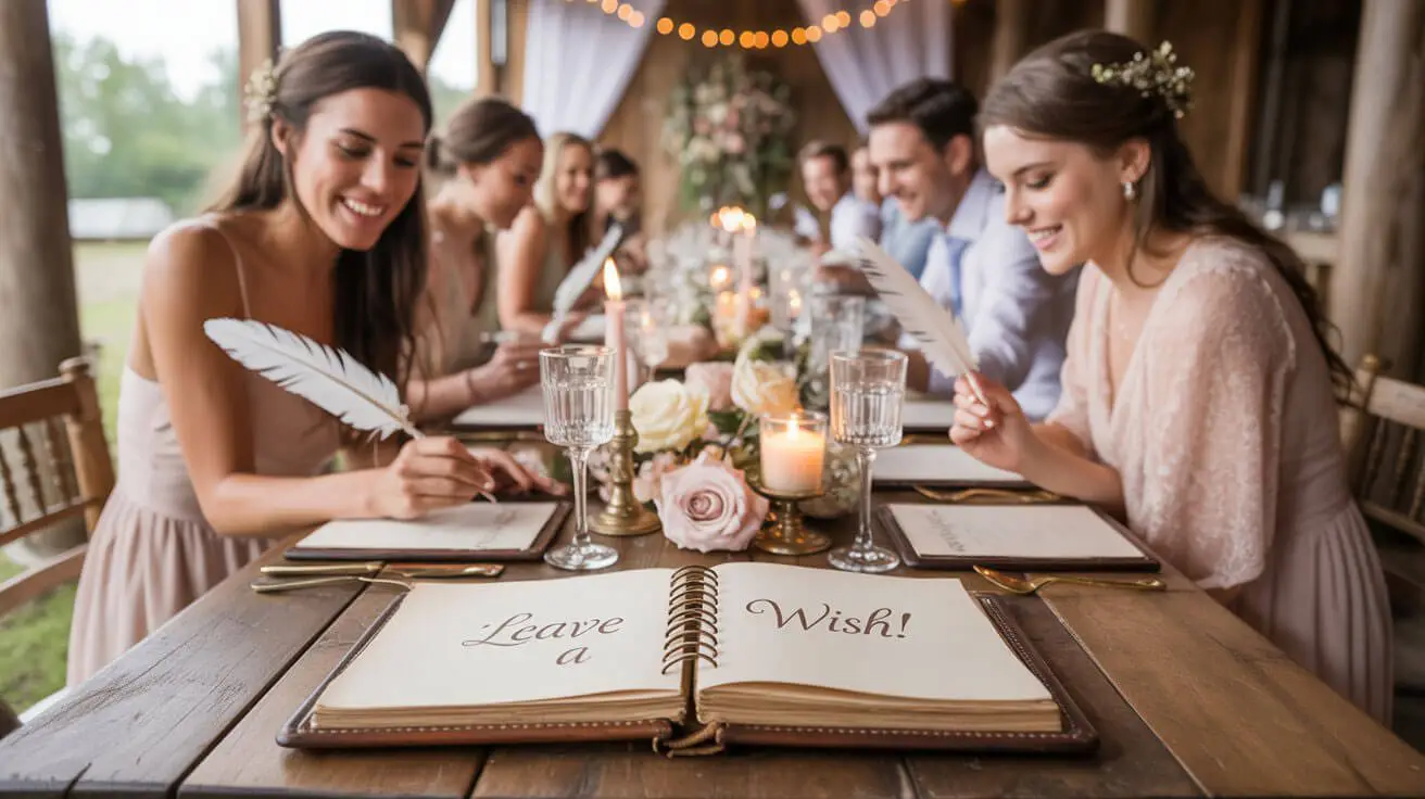Gasten schrijven in een klassiek gastenboek bruiloft op een romantisch gedecoreerde tafel met bloemen en kaarsen.