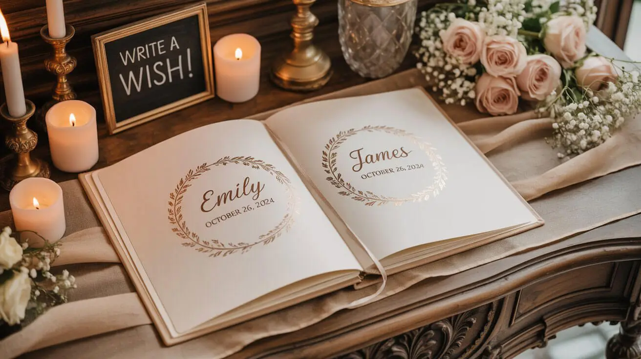 Gepersonaliseerd gastenboek bruiloft met gegraveerde namen op een romantische welkomsttafel met bloemen en kaarsen.