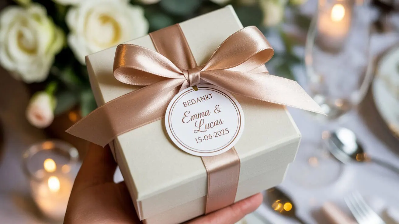 Gepersonaliseerde bedankt stickers op bruiloftsbedankje met namen en datum, elegant verpakt op romantische trouwtafel