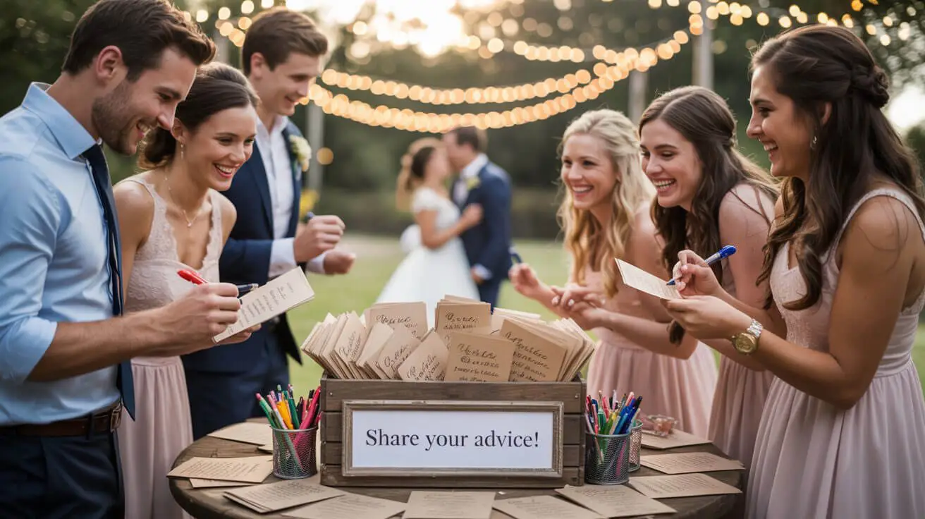 Gasten schrijven huwelijksadvies kaarten voor een gastenboek bruiloft in een decoratieve doos op een feestelijke bruiloft.