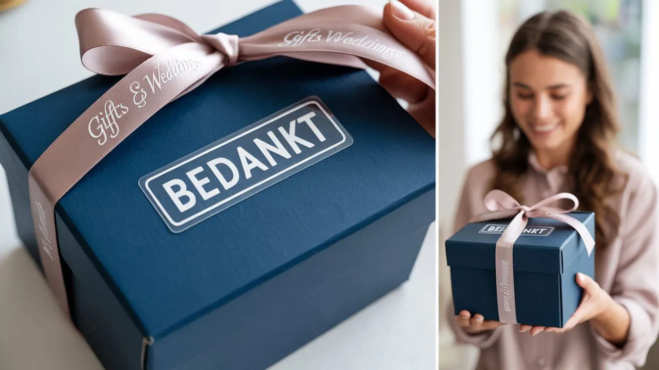Hoge kwaliteit bedankt sticker op giftbox, gepersonaliseerd voor bruiloft, gemaakt door Gifts & Weddings