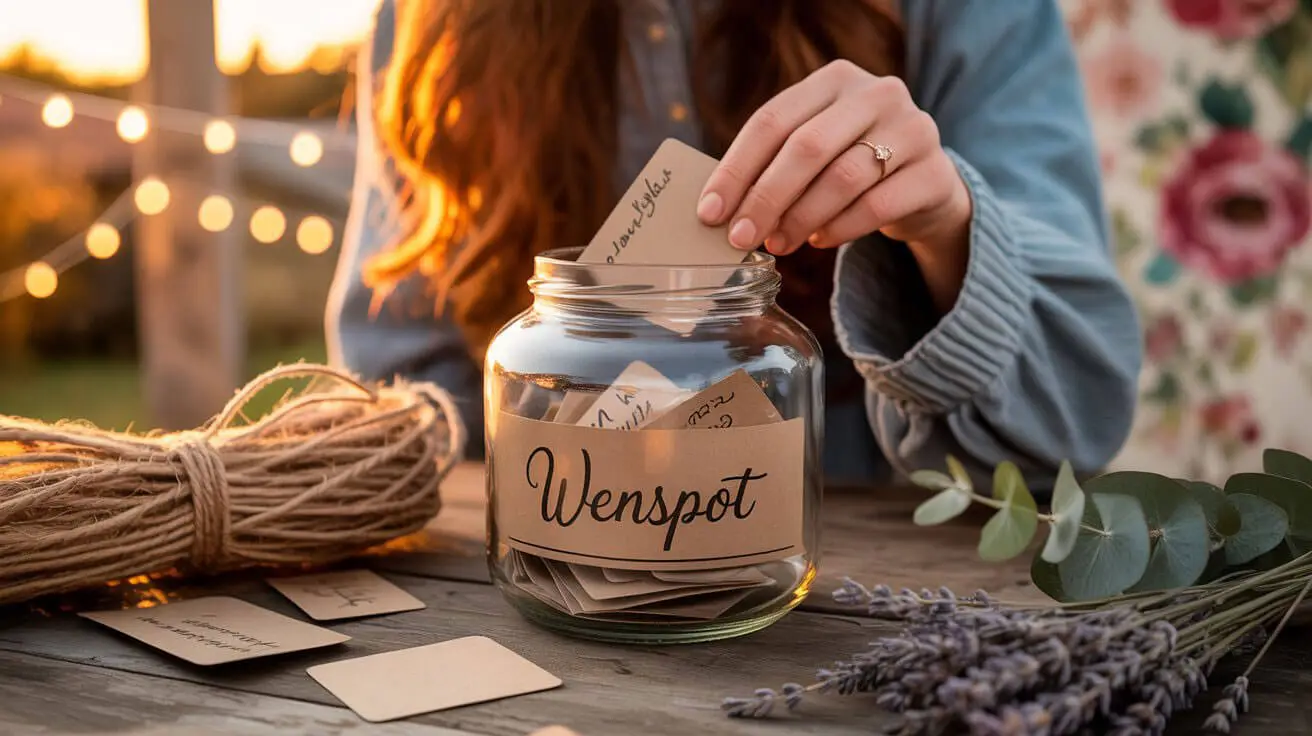 Wenspot gastenboek bruiloft met handgeschreven boodschappen in een decoratieve pot op een bohemian bruiloft.