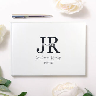 Gastenboek bruiloft Modern Split Monogram initialen achternaam wit hardcover