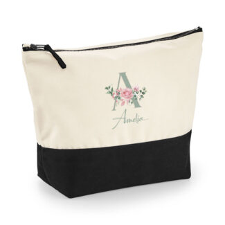 Gepersonaliseerde Canvas Toilettas Naturel Zwart met floral initiaal