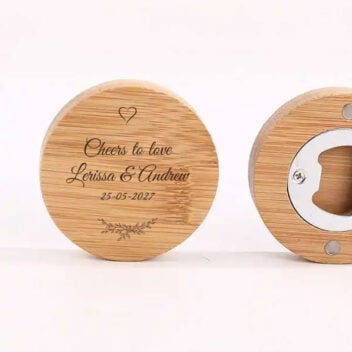 Good Vibes bamboe flesopener bedankje met botanical eucalyptus gravure en eigen tekst