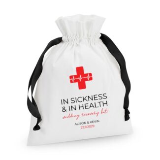 Gepersonaliseerde In Sickness & In Health Wedding Recovery Kit Zakjes in rood als bruiloft bedankje