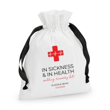 Gepersonaliseerde In Sickness & In Health Wedding Recovery Kit Zakjes in rood als bruiloft bedankje
