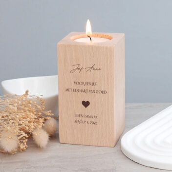 Juf's Happy Glow trendy theelichthouder beuken als cadeau voor juf