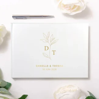 Gastenboek bruiloft eucalyptus design goud en wit gepersonaliseerd
