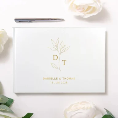 Gastenboek Eucalyptus Design Goud & Wit Gepersonaliseerd met Initialen en Datum