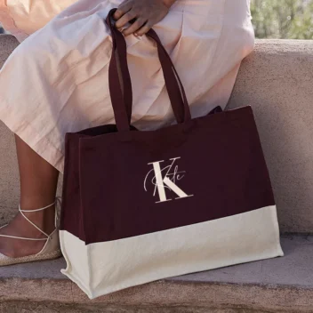 Gepersonaliseerde Canvas Strandtas in Oxblood/Naturel met Naam