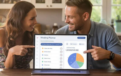 Een ontspannen stel zit aan de keukentafel en plant hun bruiloft met de online wedding planner tool op een laptop, waarbij ze de afvinklijst en het budget beheren.