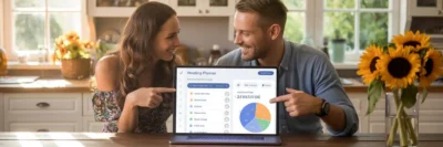 Een ontspannen stel zit aan de keukentafel en plant hun bruiloft met de online wedding planner tool op een laptop, waarbij ze de afvinklijst en het budget beheren.