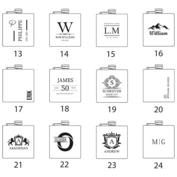 Heupfles Designkaart met 24 Unieke Designs voor Gepersonaliseerde Gravure