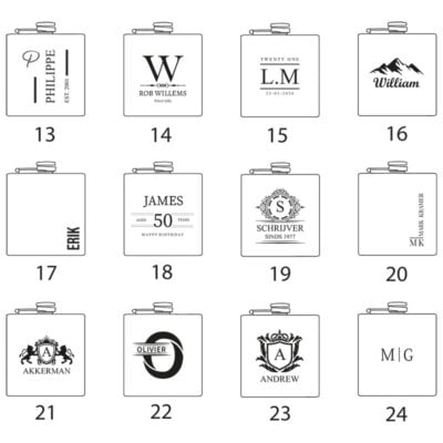 Heupfles Designkaart met 24 Unieke Designs voor Gepersonaliseerde Gravure