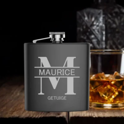 Royal Split Monogram Gepersonaliseerde Heupfles voor Getuige in Zwart