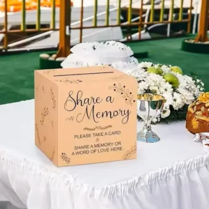 Bruine papieren kaartdoos met 50 kaarten voor het delen van herinneringen op bruiloften, verjaardagen en pensioenfeestjes