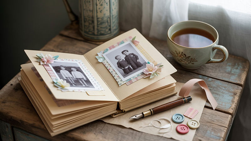 Gepersonaliseerde Cadeau-ideeën: Vind het Perfecte Geschenk 5 Een handgemaakt fotoboek met persoonlijke foto’s en notities, geopend op een houten tafel met thee en knutselspullen, in een warme, nostalgische setting.