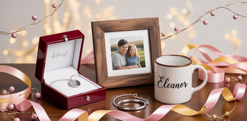 Een feestelijke banner met gepersonaliseerde cadeaus, zoals een gegraveerde juwelendoos, een fotolijst met familie foto en een mok met naam, op een zachte pastelachtergrond met linten en confetti.