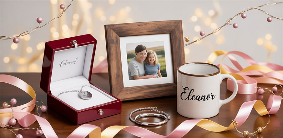 Een feestelijke banner met gepersonaliseerde cadeaus, zoals een gegraveerde juwelendoos, een fotolijst met familie foto en een mok met naam, op een zachte pastelachtergrond met linten en confetti.