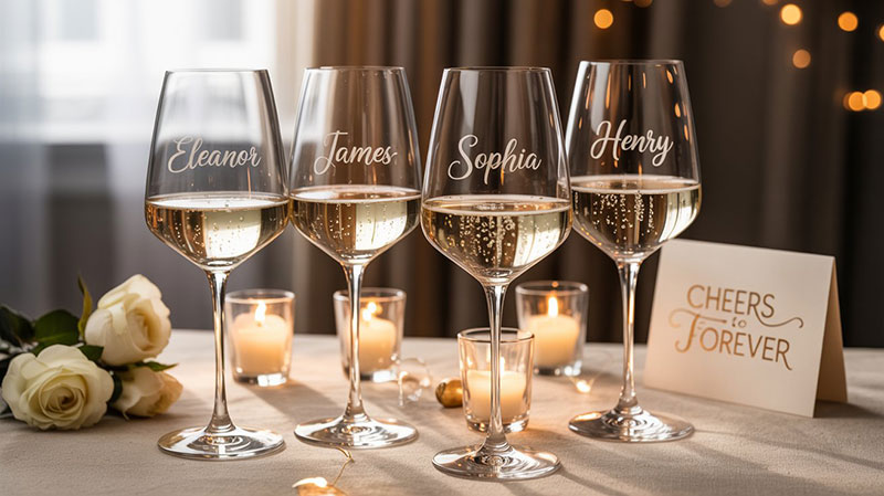Gepersonaliseerde Cadeau-ideeën: Vind het Perfecte Geschenk 4 Een close-up van gegraveerde wijnglazen met namen, gevuld met champagne, op een feestelijk gedecoreerde tafel met kaarsen en bloemen.