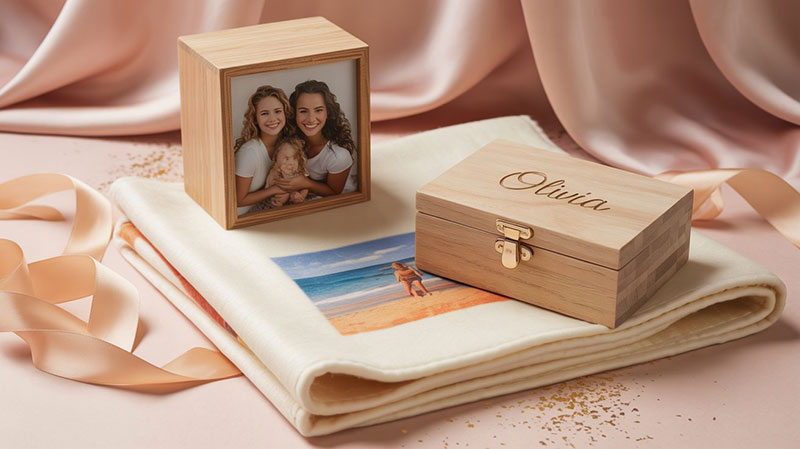 Gepersonaliseerde Cadeau-ideeën: Vind het Perfecte Geschenk 2 Een collage van gepersonaliseerde cadeaus, waaronder een houten fotokubus, een gegraveerde juwelendoos en een deken met foto, gepresenteerd op een zachte pastelachtergrond.