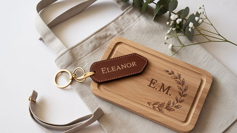Gepersonaliseerde Cadeau-ideeën: Vind het Perfecte Geschenk 3 Een flat-lay van gepersonaliseerde accessoires, waaronder een leren sleutelhanger met naam, een gegraveerde houten serveerplank en een schort met monogram, op een strakke witte achtergrond.