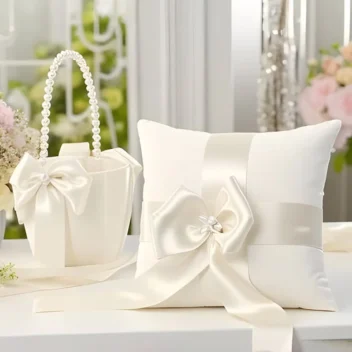 Luxe ivoorkleurige bruiloft ceremonieset bestaande uit een satijnen ringkussen en een strooimandje met parels.