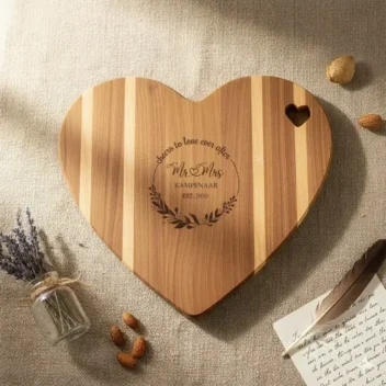 Gepersonaliseerde hartvormige snijplank van acaciahout, gegraveerd met een 'Mr & Mrs' krans, achternaam en jaartal, met een decoratieve hartvormige uitsnijding.