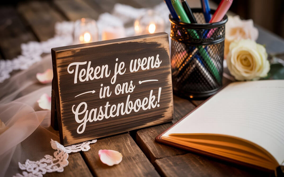 Een klein hout bordje met tekst instructiebordje naast het gastenboek, met duidelijke instructies voor de bruiloftsgasten.