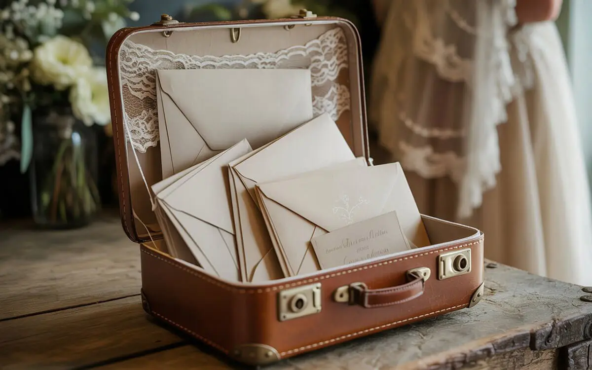 Een openstaande vintage lederen koffer, creatief ingericht als een geldkist voor bruiloftscadeaus, gevuld met enkele decoratieve kaarten en kleine bloemen, geplaatst op een sfeervolle bruiloftslocatie.