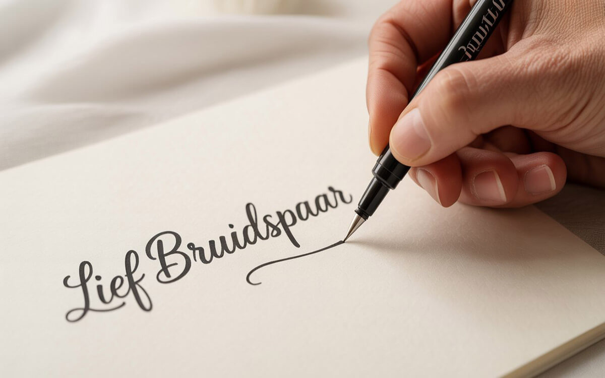 Close-up van een hand die schrijft met een hoogwaardige pen in het gastenboek, om de kwaliteit van de inkt bij de keuze van de juiste pennen te tonen.