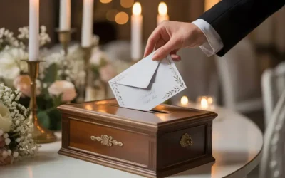 Een bruiloftsgast die discreet een versierde envelop in een elegante, gesloten enveloppendoos plaatst, met de focus op etiquette en de waarde van het cadeau.