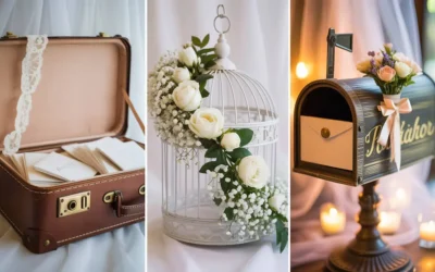 Een inspirerende collage van diverse creatieve alternatieven voor een enveloppendoos op een bruiloft, inclusief een vintage koffer, een vogelkooi en een houten brievenbus, in een sfeervolle setting