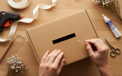 Handen die een stevige kartonnen enveloppendoos decoreren met lint en bloemen, omringd door lijm, schaar en andere knutselbenodigdheden, illustrerend het proces van zelf maken.