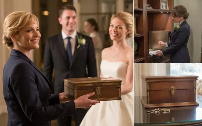 Een ceremoniemeester die een houten enveloppendoos discreet overhandigt aan het bruidspaar, met een focus op veiligheid en beheer tijdens de bruiloft.