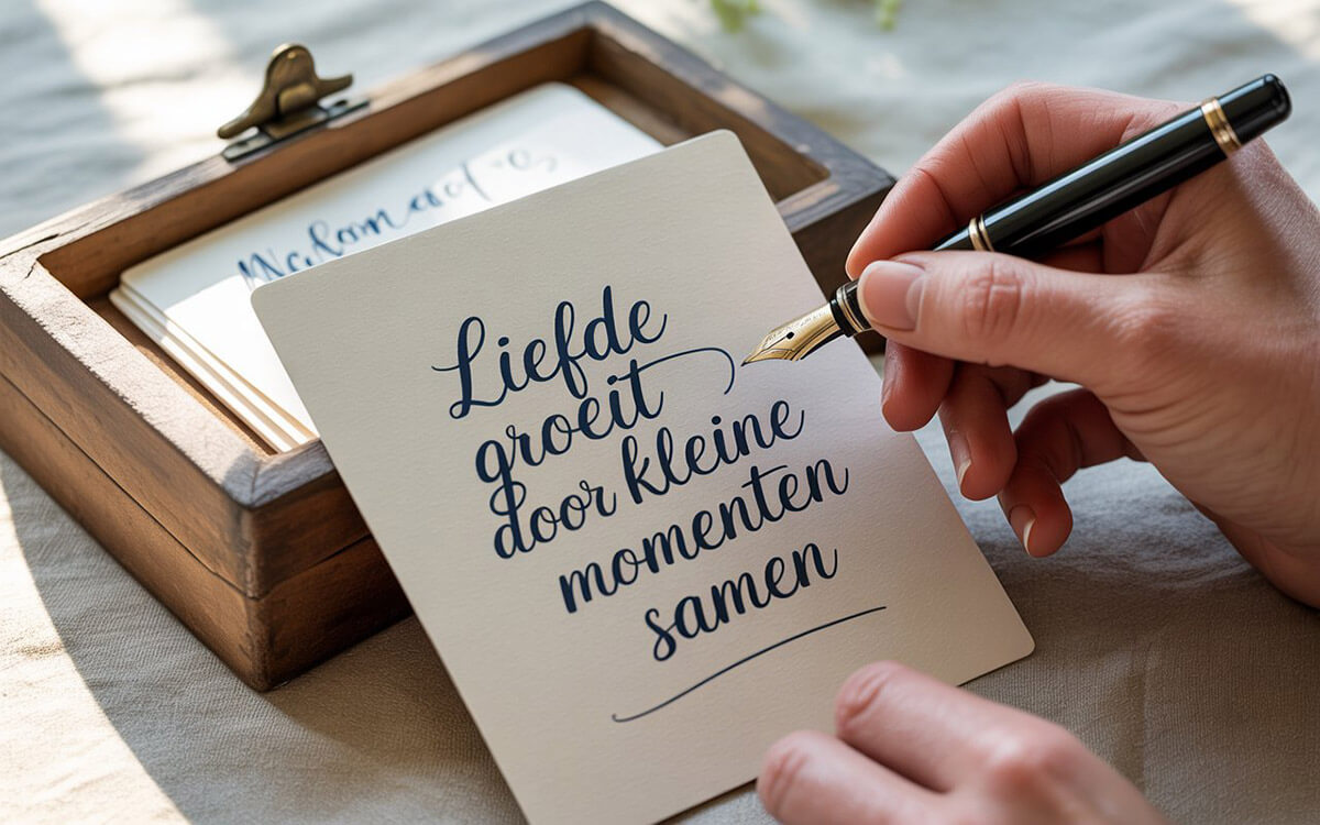 Gast schrijft een persoonlijke wens op een advieskaart en stopt deze in de Memory Box, wat het interactieve element toont.