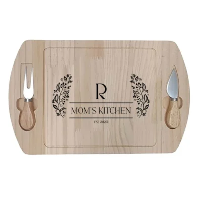 Gepersonaliseerde houten kaasplank met kaasmessen, Kitchen gravure met initiaal en established jaar, complete kaasset 38x25cm