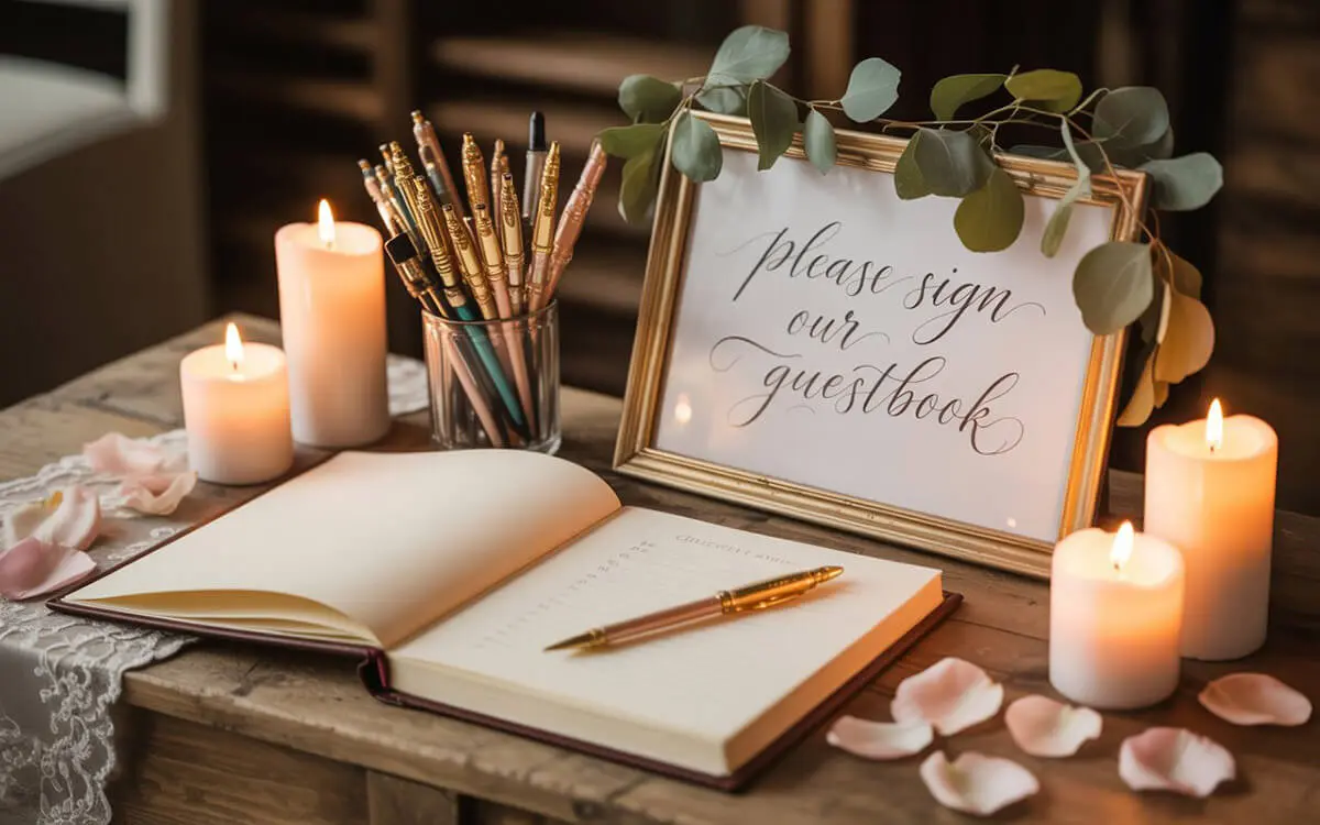 Perfect opgemaakte gastenboektafel met duidelijke instructies en bordje voor bruiloftsgasten.
