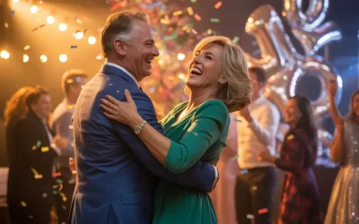 Een gelukkig echtpaar danst en viert feest tijdens hun 25-jarig huwelijksjubileum tussen de confetti en zilveren decoratie