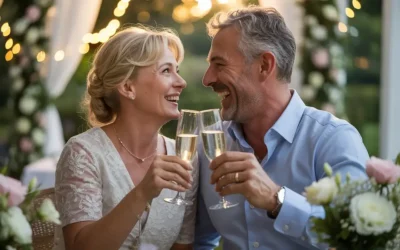 Een gelukkig echtpaar van rond de 60 proost met champagne tijdens hun zilveren huwelijksfeest ter ere van 25 jaar getrouwd zijn.