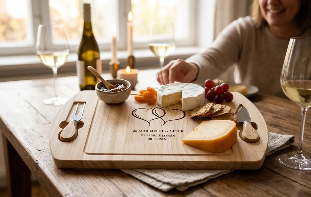 Houten borrelplank met gravure van twee verstrengelde harten en de tekst "25 jaar liefde & geluk – De familie Jansen – 28-08-2026", gevuld met brie, oude kaas, druiven en crackers, op een rustieke houten tafel met witte wijn op de achtergrond