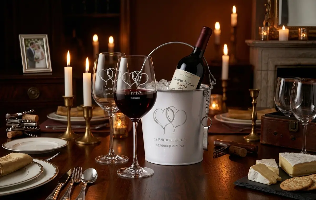 Witte wijnemmer met gegraveerde harten en de tekst "25 jaar liefde & geluk – De familie Jansen 2026", geflankeerd door twee gepersonaliseerde wijnglazen met de namen Sandra en Peter, op een sfeervol gedekte tafel met kaarslicht en kaasplankje
